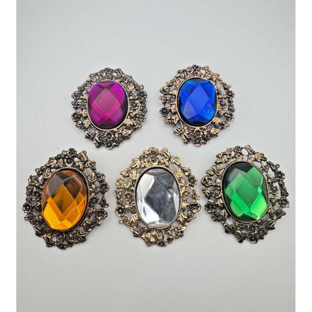 Vintage Brooch Lot 5 Pieces Multi Color Faceted Openwork Ornate